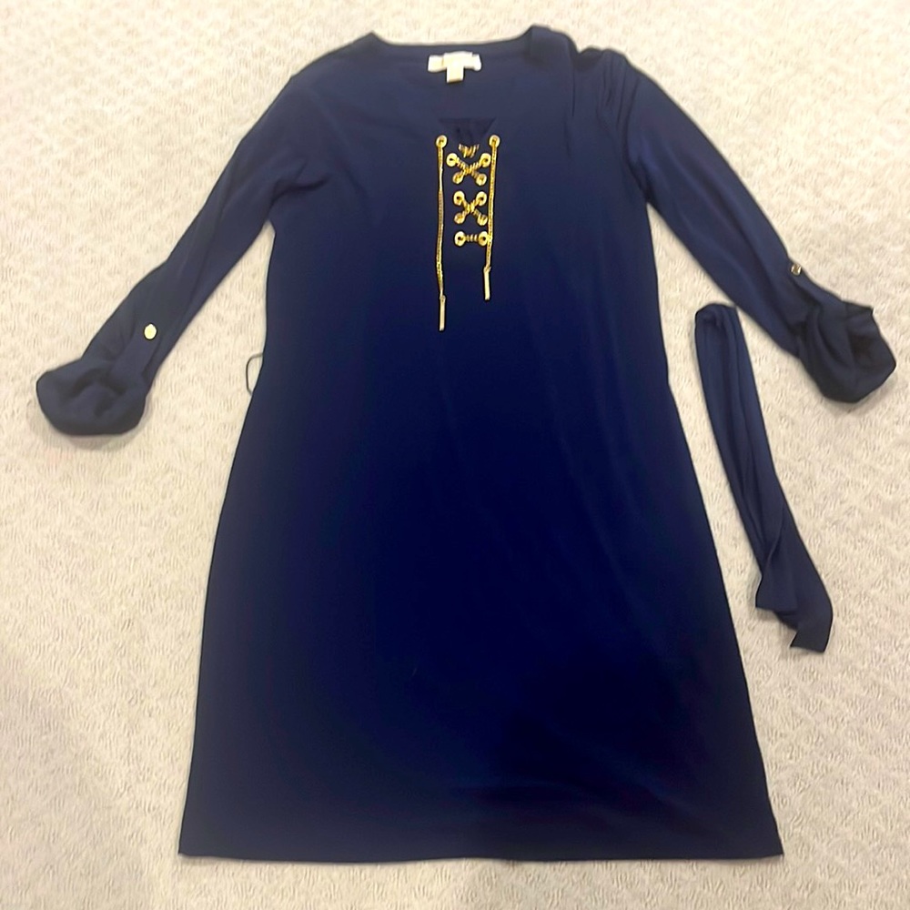 Stylish Michael Kors navy blue dress with gold chain detail